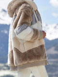2024 Autumn Winter  Warm Plush Patchwork Zipper Pocket  Hooded Loose Coat Women