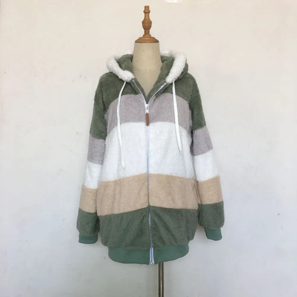 2024 Autumn Winter  Warm Plush Patchwork Zipper Pocket  Hooded Loose Coat Women