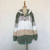 2024 Autumn Winter  Warm Plush Patchwork Zipper Pocket  Hooded Loose Coat Women