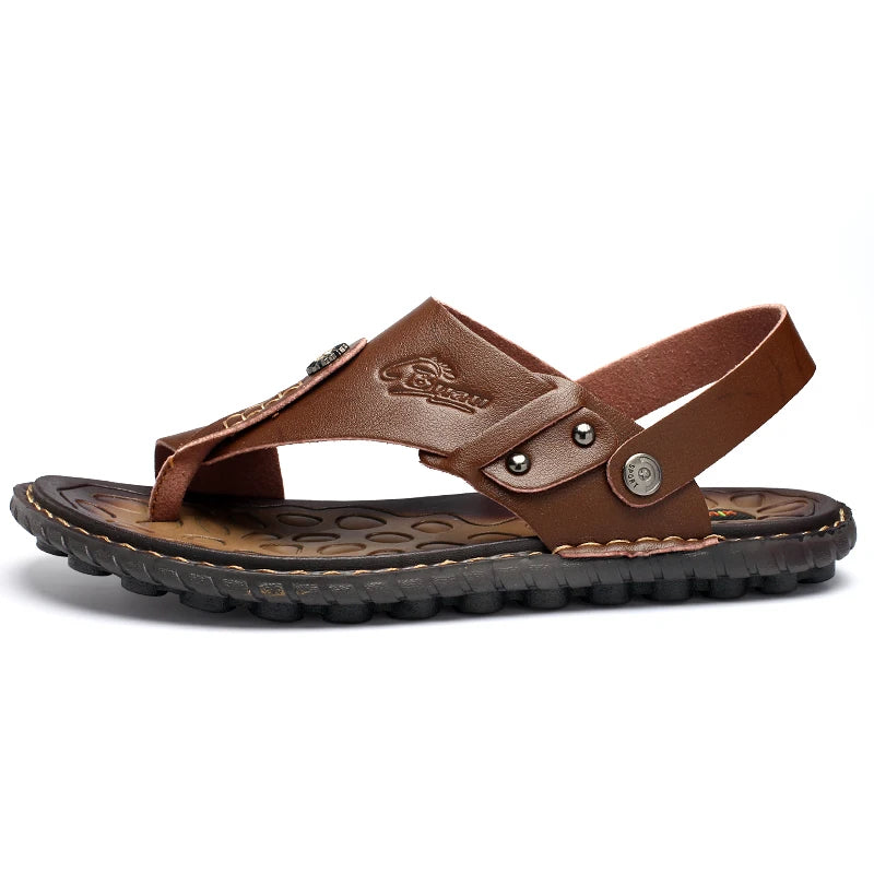 Hot Sale Men's Summer Sandals Breathable Leather Flip-Flops Slippers Men  Hand-made Beach Casual Shoes Big Size 47