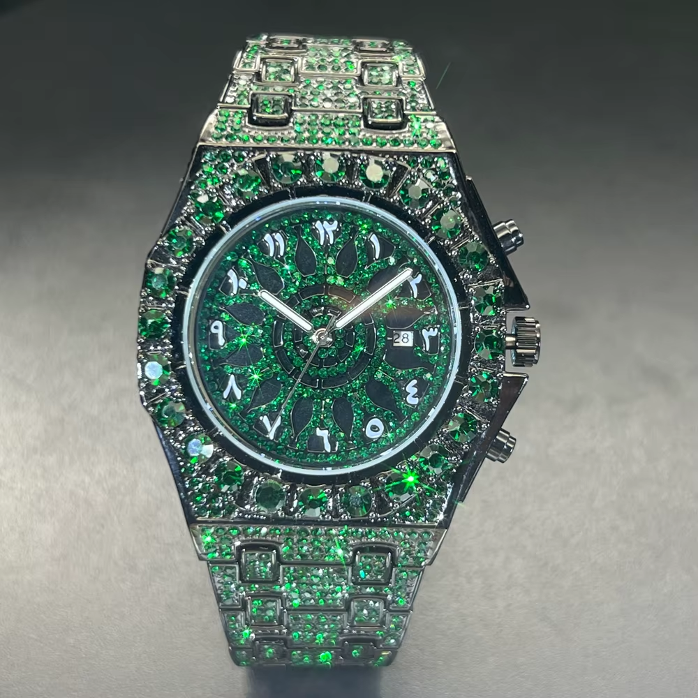 Hip Hop Wristwatch for Men Luxury Lce Out Full Diamond Watches Fashion Green Watch Wterproof Week Display Clock 2025