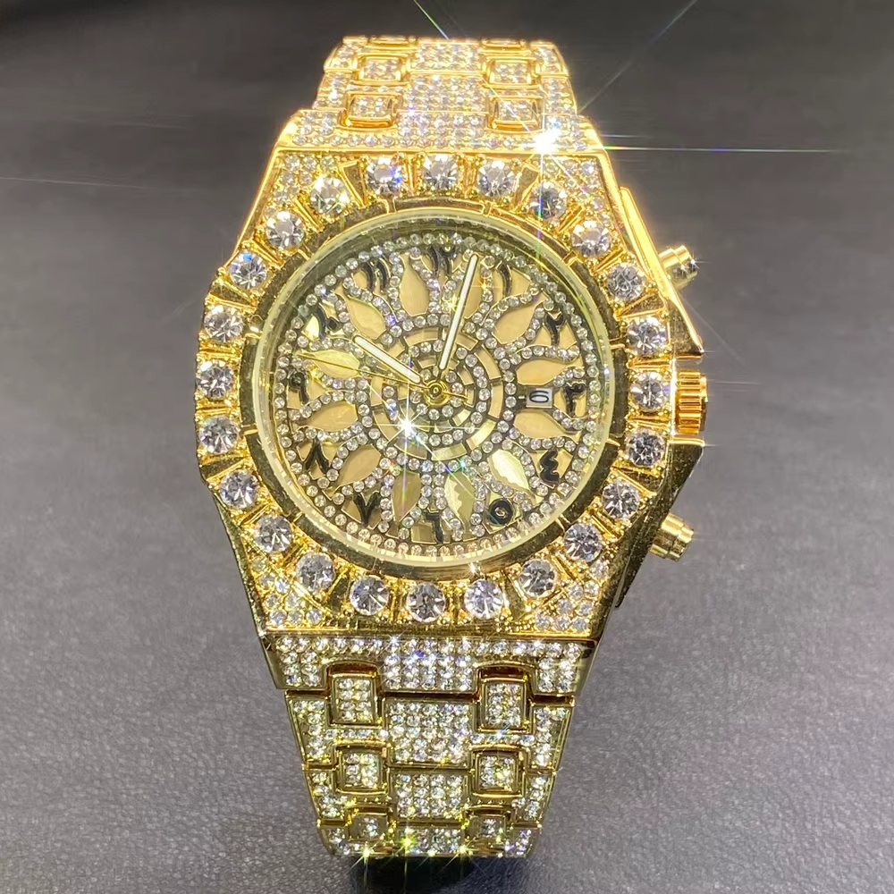 Hip Hop Wristwatch for Men Luxury Lce Out Full Diamond Watches Fashion Green Watch Wterproof Week Display Clock 2025