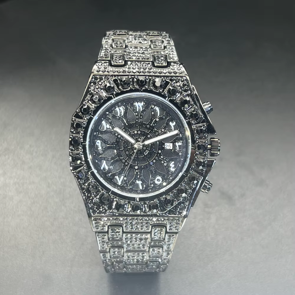 Hip Hop Wristwatch for Men Luxury Lce Out Full Diamond Watches Fashion Green Watch Wterproof Week Display Clock 2025