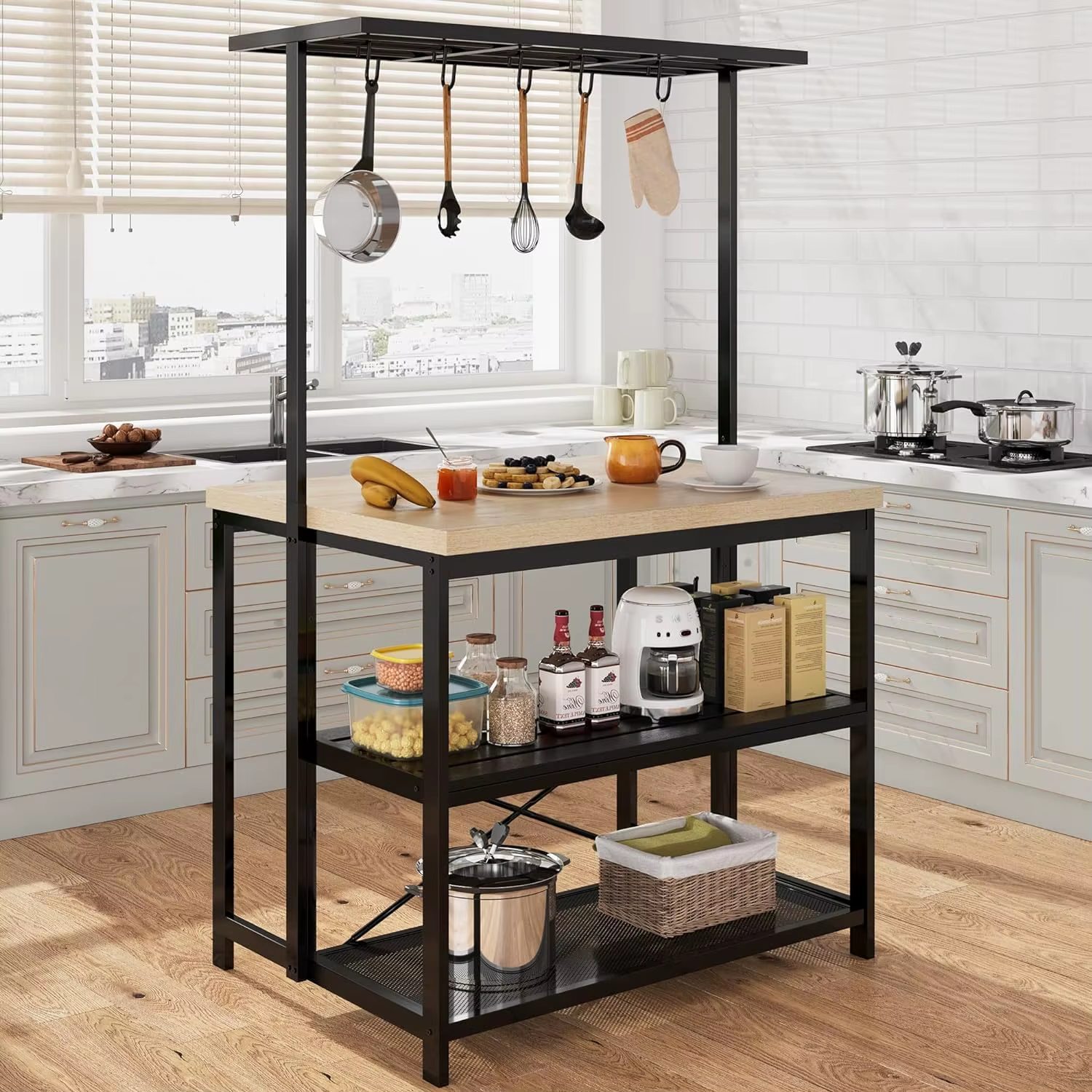 Kitchen Island with Storage Large Bakers Rack Microwave Stand with 3 Tier Shelves 5 Hooks for Pantry Organization Kitchen