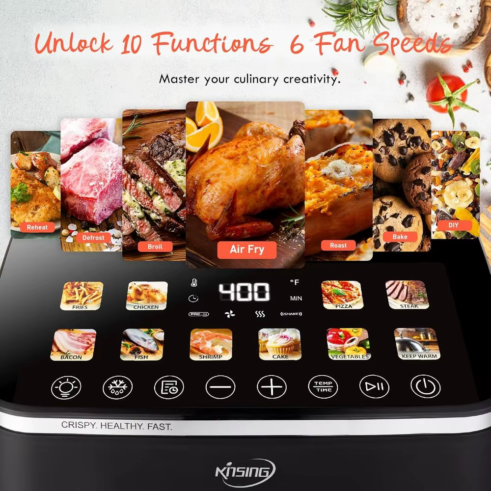 Large 10.6 QT XL Air Fryer with 9 Presets, Stainless Steel, 400°F Control, Shake Alert, Square Non-Stick Dishwasher Safe Basket,