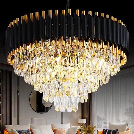 Modern Black & Gold Crystal Chandelier, Dimmable 5-Tier round K9 Crystal Chandelier for Kitchen Island/Living Room/Bedroom