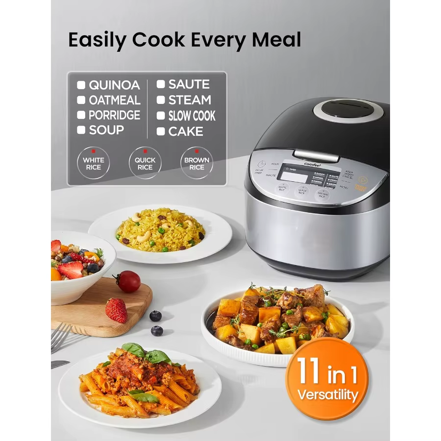 Portable 12 Cups Cooked 6 Cups Uncooked Non-Stick Rice Cooker with Fuzzy Logic Technology 24-Hour Timer Delay 11 Presets Steame