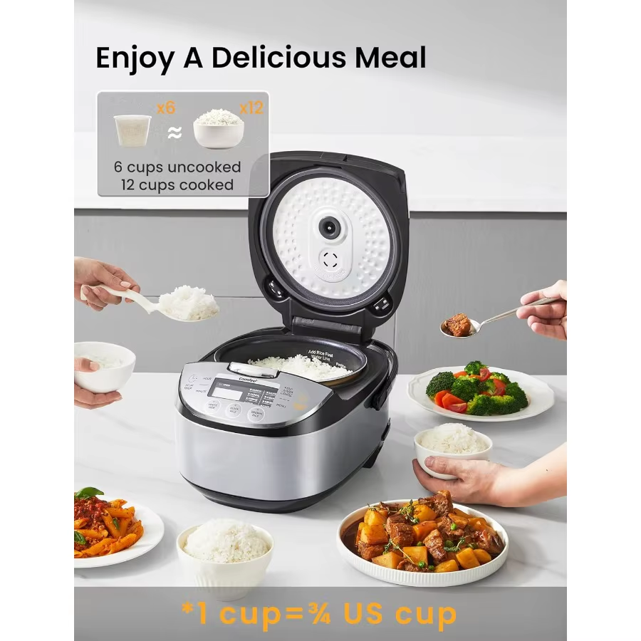 Portable 12 Cups Cooked 6 Cups Uncooked Non-Stick Rice Cooker with Fuzzy Logic Technology 24-Hour Timer Delay 11 Presets Steame