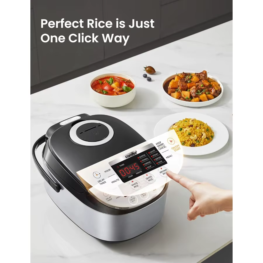 Portable 12 Cups Cooked 6 Cups Uncooked Non-Stick Rice Cooker with Fuzzy Logic Technology 24-Hour Timer Delay 11 Presets Steame