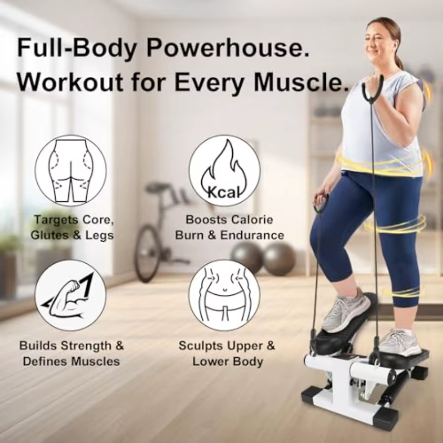 Portable Mini Stepper for Home Exercise with LCD Monitor and Resistance Bands 260Lbs Weight Capacity Twist Stepper in Black For