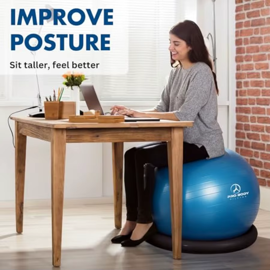 Probody Pilates Yoga Ball Chair with Base for Home Office Desk Sitting or Workout 65Cm Antiburst Balance Stability Ball Seat In