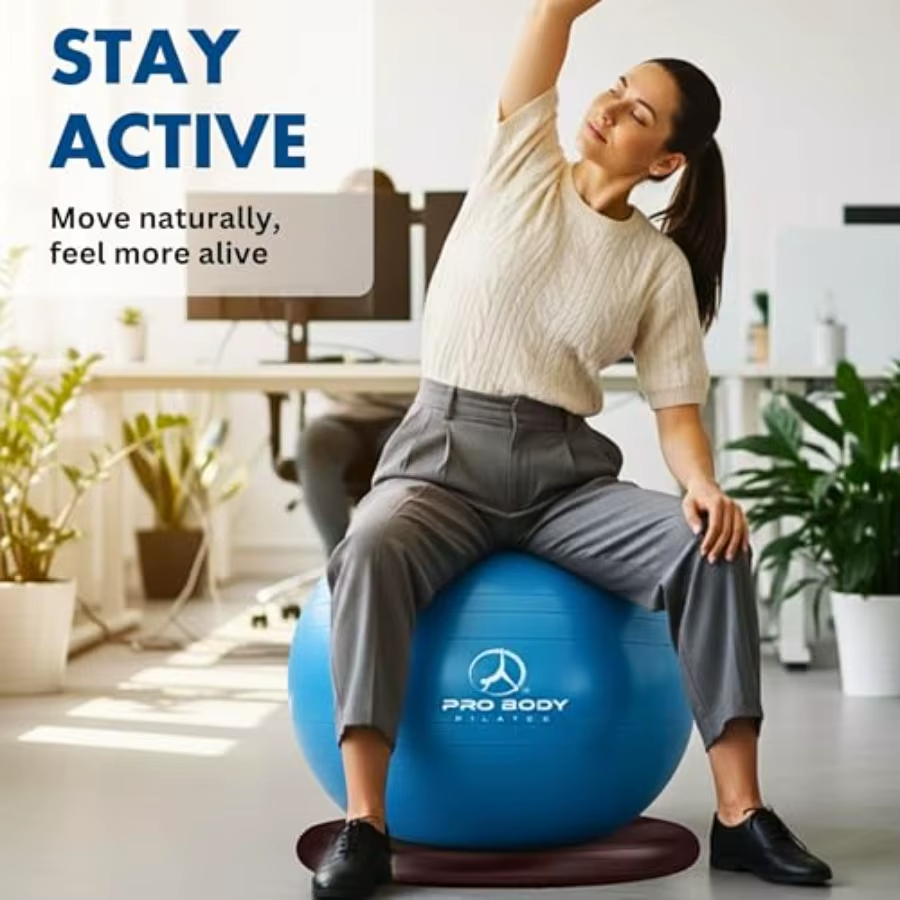 Probody Pilates Yoga Ball Chair with Base for Home Office Desk Sitting or Workout 65Cm Antiburst Balance Stability Ball Seat In