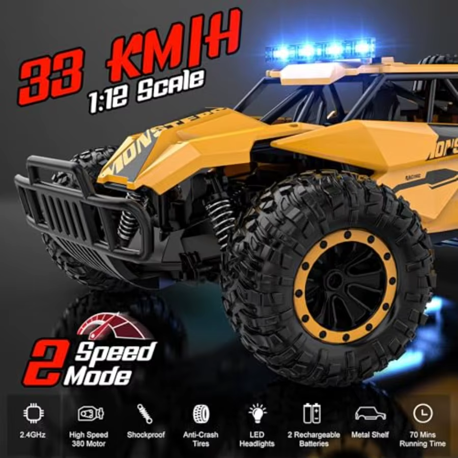 Remote Control Car for Boys RC Cars 1:12 Monster RC Truck off Road with LED Headlight and Rechargeable Battery Gifts Fo