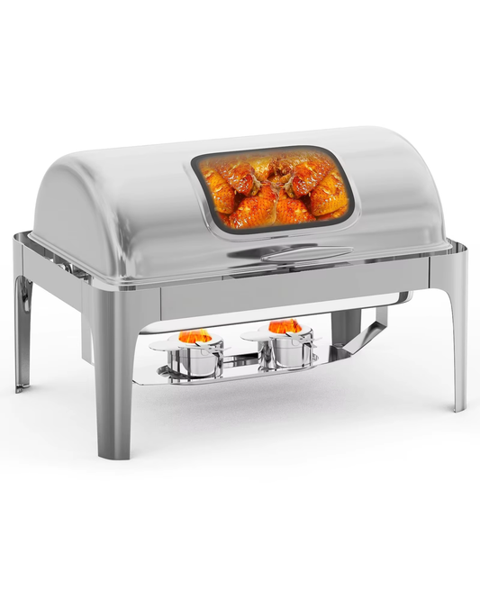 Roll Top Chafing Dish Buffet Set Rectangular, 9QT Stainless Steel Catering Food Warmers with Glass Window Silver