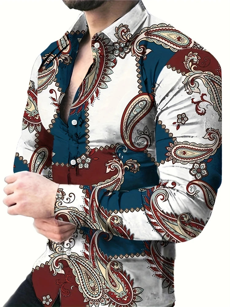 2025 Spring Men's Shirts Fashion Retro Street Texture Printed Shirts Men's Long-sleeved Lapel Shirt Shirt Top Office Clothing