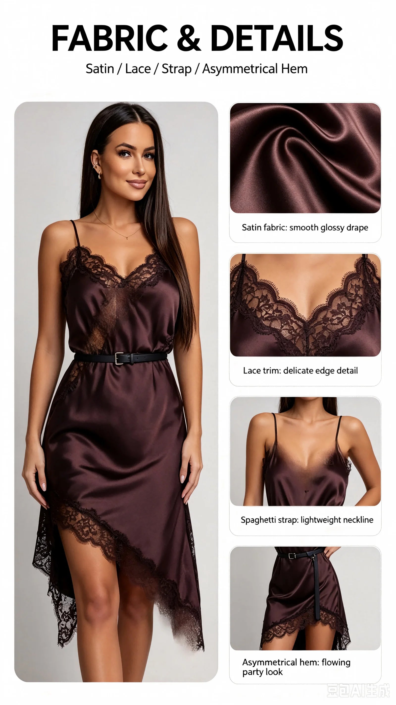 Women Dark Brown Satin Lace Slip Dress Spaghetti Strap V-Neck Asymmetrical Hem Elegant Party Cocktail Evening Dresses
