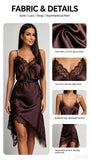 Women Dark Brown Satin Lace Slip Dress Spaghetti Strap V-Neck Asymmetrical Hem Elegant Party Cocktail Evening Dresses