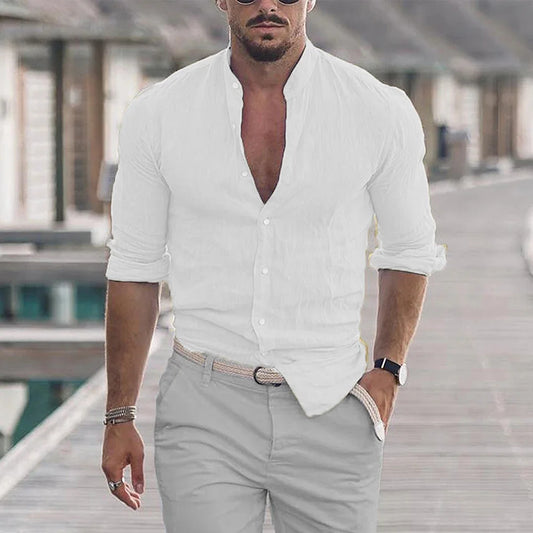 Men's Cotton Linen Shirts Madarin Neck Solid Color Long Sleeve Loose Top Spring Autumn Fashion Shirt