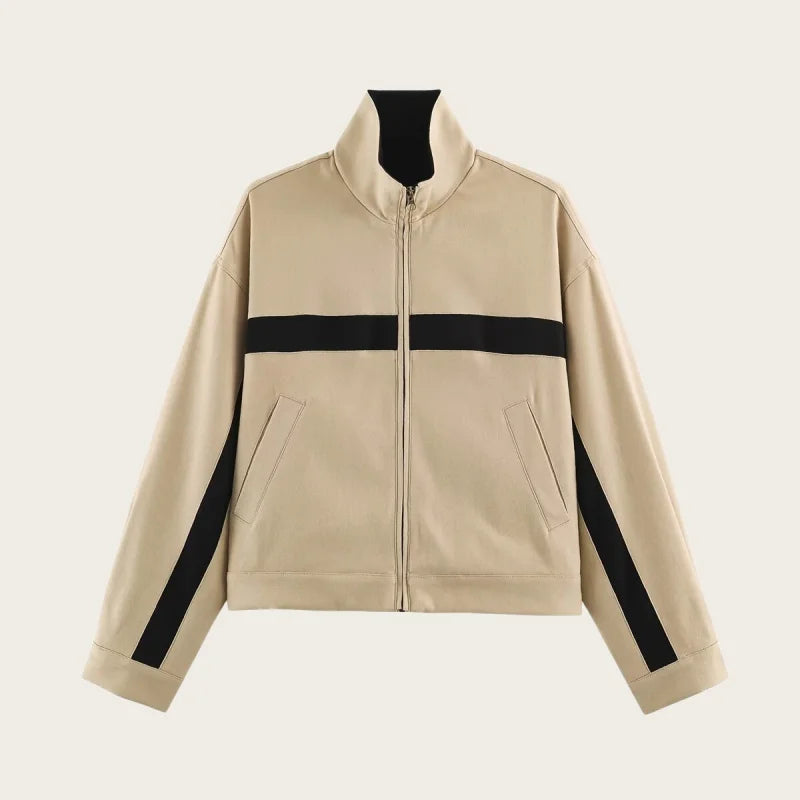 High Quality Chic Khaki Stand Collar Zipper Jackets 2026 Casual Long Sleeve Outerwear Female Fashion Loose Coats For Woman