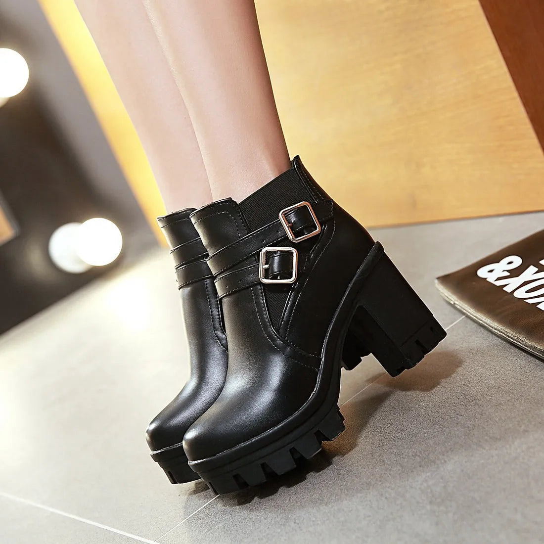 Women's Ankle Boots Women Platform High Heels Fashion Buckle Side Zipper Autumn Winter Women's Ankle Boots Size 33-43