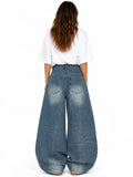 Women's Asymmetric Button Front Baggy Jeans, High Waist Vintage Washed Wide Leg Denim Pants Y2K Streetwear Loose Barrel Jeans for Daily Wear