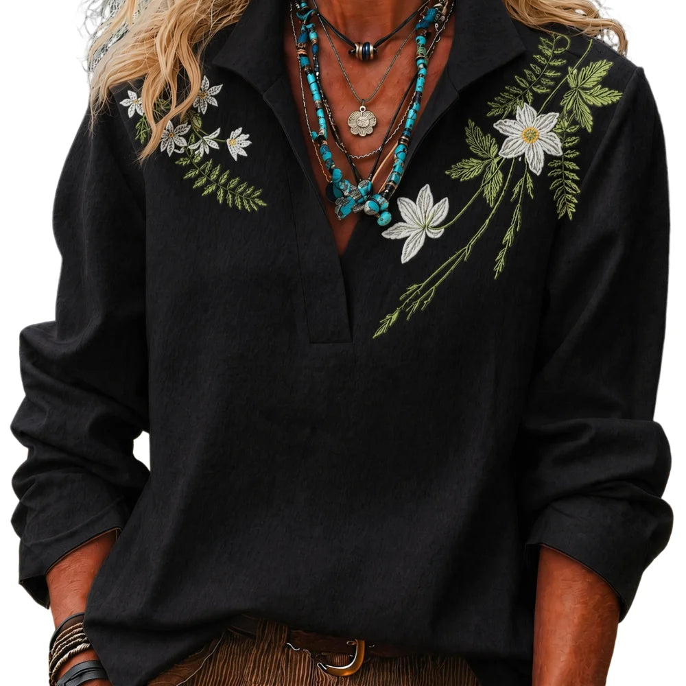 2026 New Fashion Trend Women's Embroidered Shirt, Bohemian Style with Floral and Botanical Embroidery, Loose Long-Sleeve Stand-Up Collar Shirt, Perfect for Spring and Autumn Outings and Casual Wear