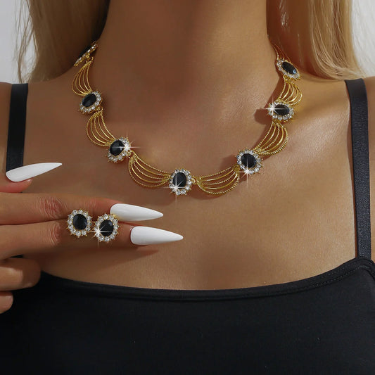 Luxury and High-End Retro Gemstone Necklace Earrings, Bride's Wedding Banquet Jewelry Set, Date, Birthday, Dinner Party