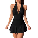 Women's Halter Deep V Neck Mini Dress, Ruched Waist Flared Ruffle Hem Bodycon Dress, Sexy Sleeveless Slim Fit Party Club Short Dress
