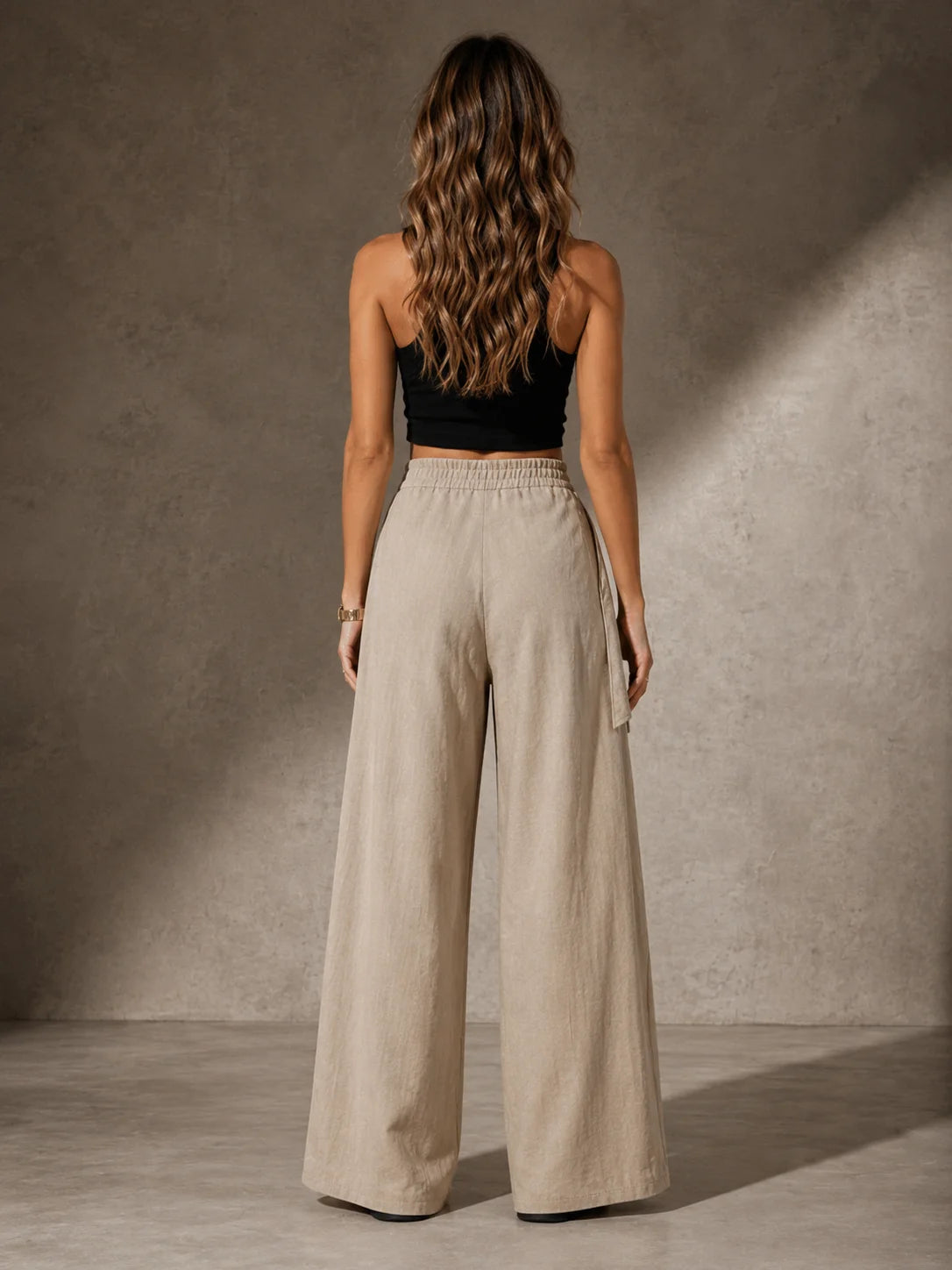 Women Wrap Front Linen Wide Leg Pants, High Waist Elastic Back Waist Culottes with Pockets, Casual Loose Fit Trousers for Summer Beach Daily Streetwear