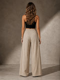 Women Wrap Front Linen Wide Leg Pants, High Waist Elastic Back Waist Culottes with Pockets, Casual Loose Fit Trousers for Summer Beach Daily Streetwear