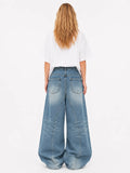 Women's Asymmetric Button Front Baggy Jeans, High Waist Vintage Washed Wide Leg Denim Pants Y2K Streetwear Loose Barrel Jeans for Daily Wear