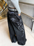 American Retro Heavy-Duty Letter Flower Embroidery Women's Loose Wide-Leg Jeans Street Fashion Fashion Versatile Black Trousers