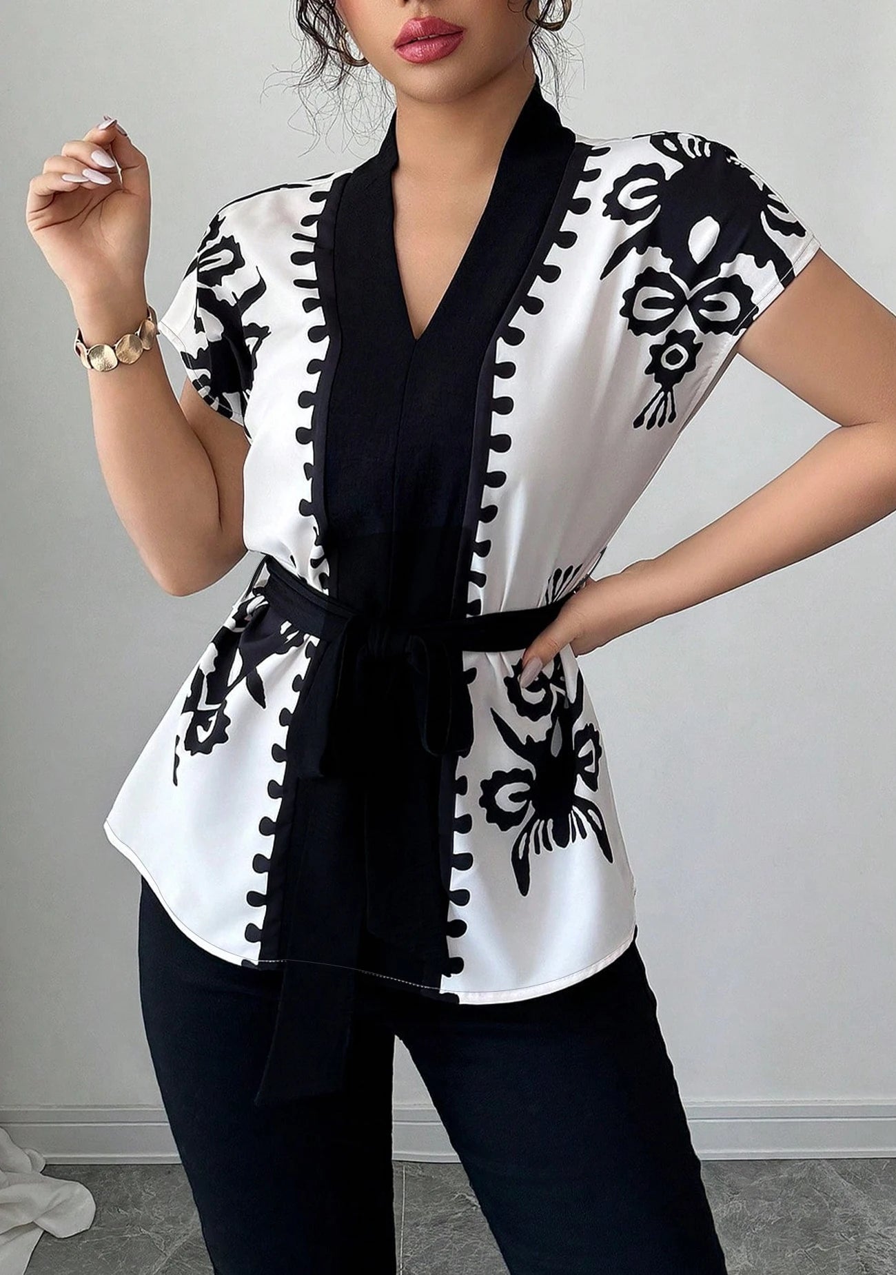 Elegant Summer Commute Floral Print Waist-Cinching Short Sleeve Top for Women Business Casual Shirt