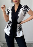 Elegant Summer Commute Floral Print Waist-Cinching Short Sleeve Top for Women Business Casual Shirt