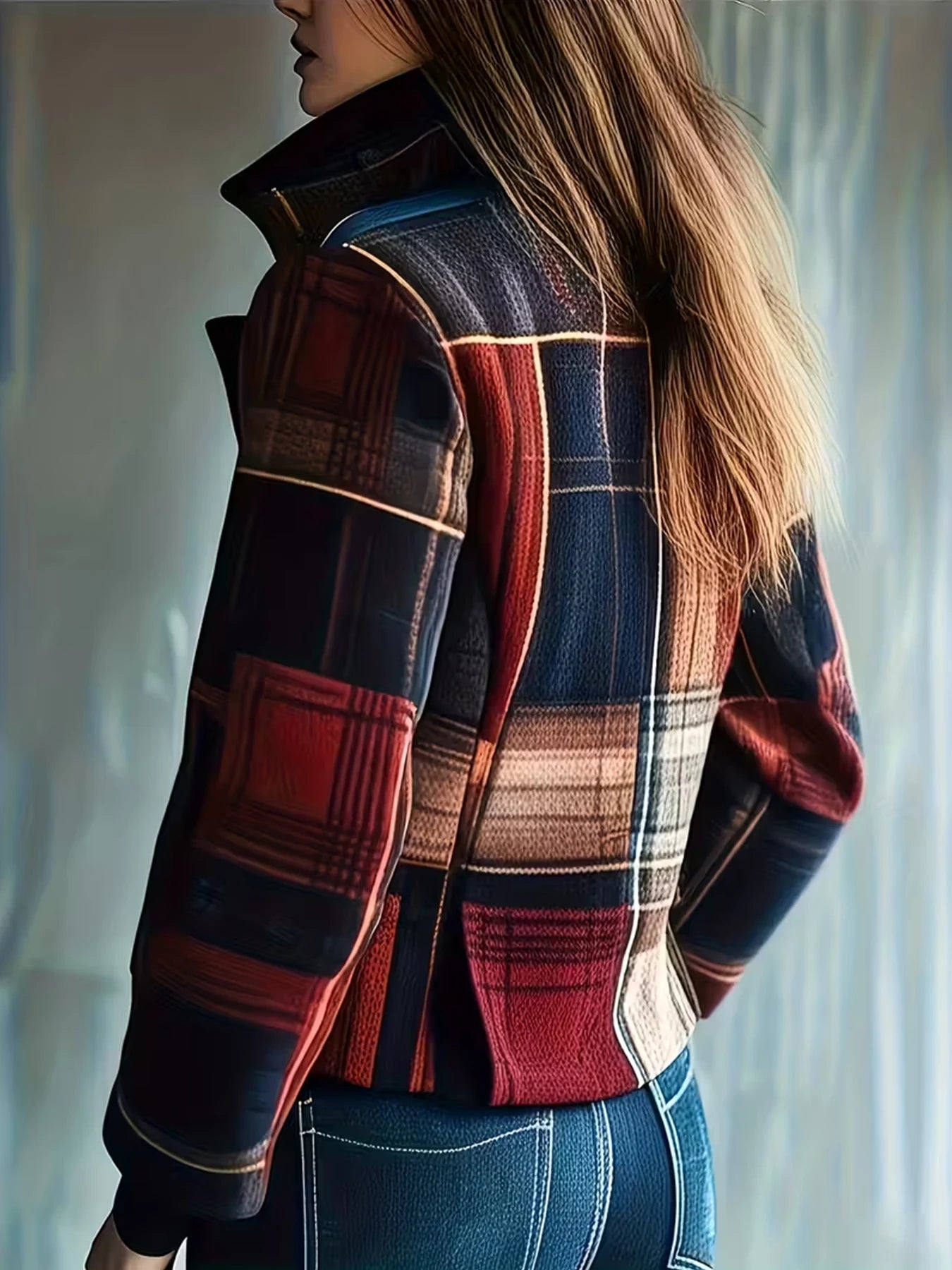 New Women's Retro Plaid Color-Block Lapel Long-Sleeved Blazer, Comfortable And Warm, Suitable For Autumn And Winter.