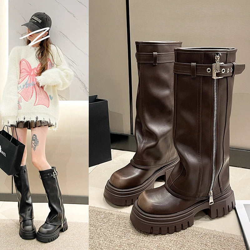 2025 Winter Women Biker Boots Fashion Belt Buckle Ladies Elegant Platform Long Pipe Booties Casual Women's Knee High Booties