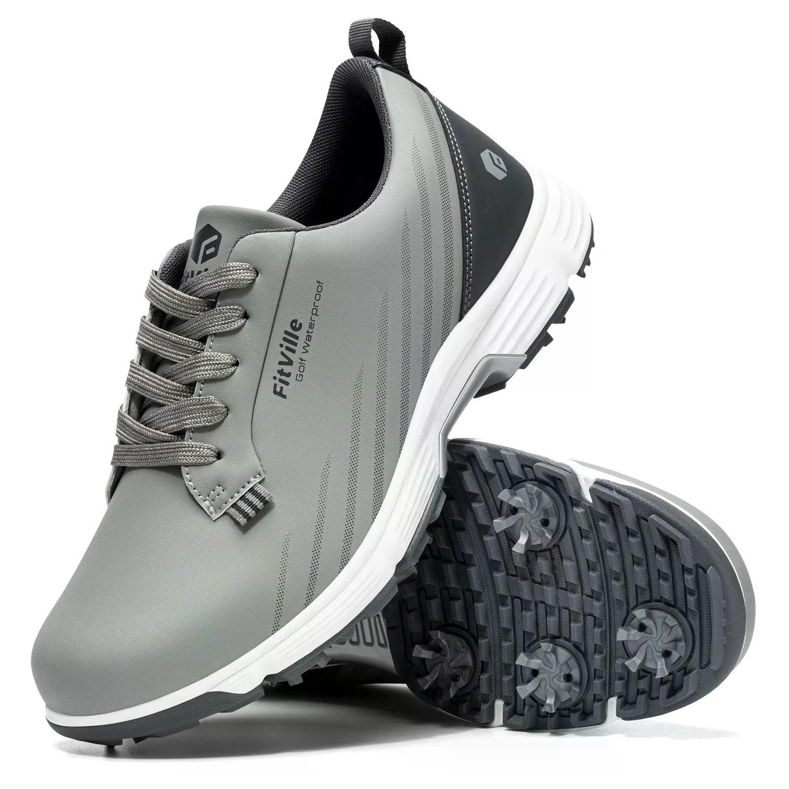 FitVille Men's Wide Toe Box Spiked Golf Shoes, Water‑Resistant Stable Anti‑Slip Outsole, Built‑In Arch Support Lightweight Comfort Golfing Sneakers