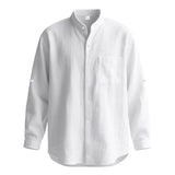 Men White Linen Button Down Long Sleeve Shirt Mandarin Collar Chest Pocket Roll Tab Cuff Loose Oversized Breathable Textured Beach Vacation Casual Holiday Top