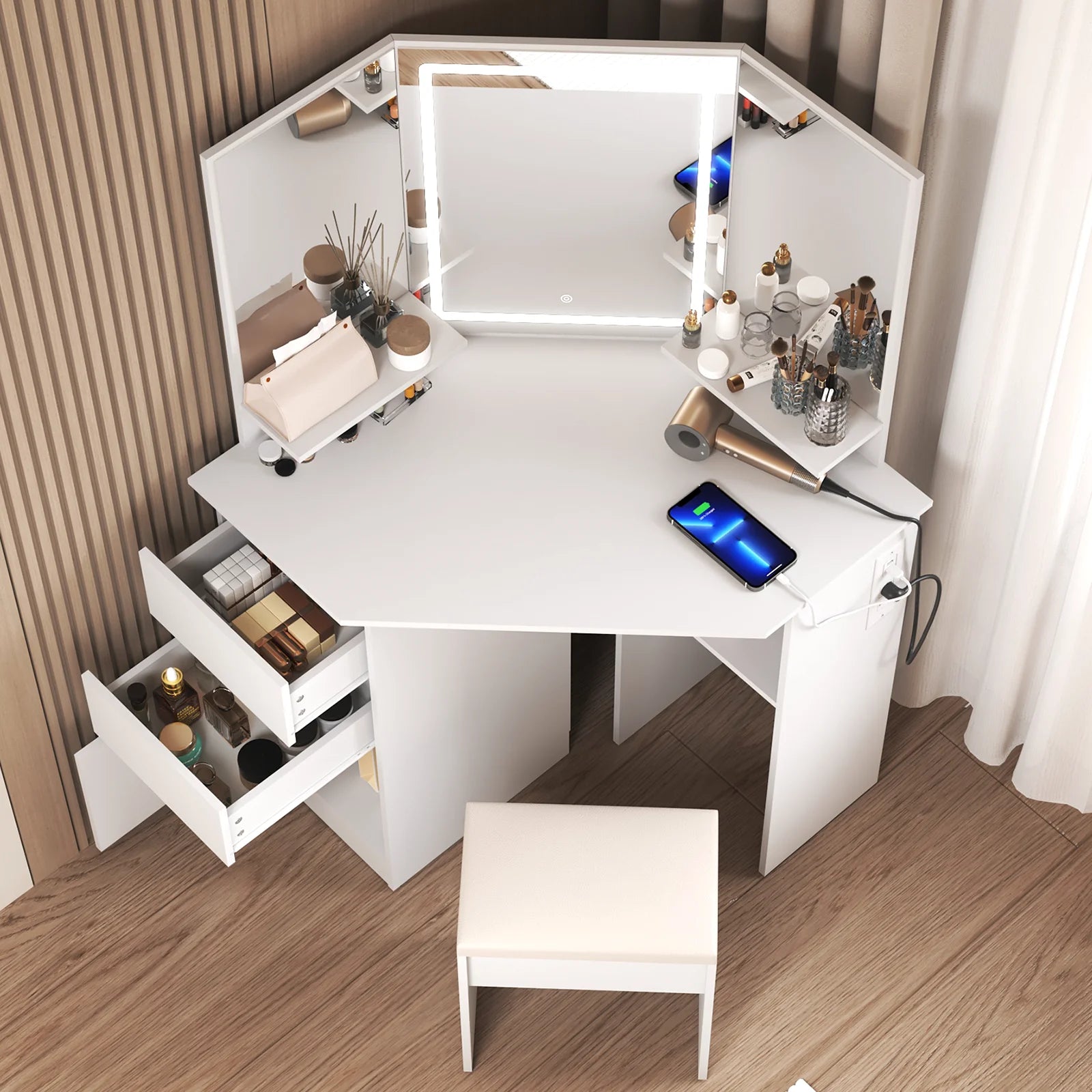 LED Vanity Desk With 3-Light Modes & Built-in Charging Station - Makeup Table With Open Storage Shelves, Drawers & Matching Stool