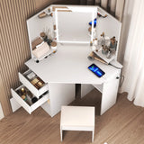 LED Vanity Desk With 3-Light Modes & Built-in Charging Station - Makeup Table With Open Storage Shelves, Drawers & Matching Stool