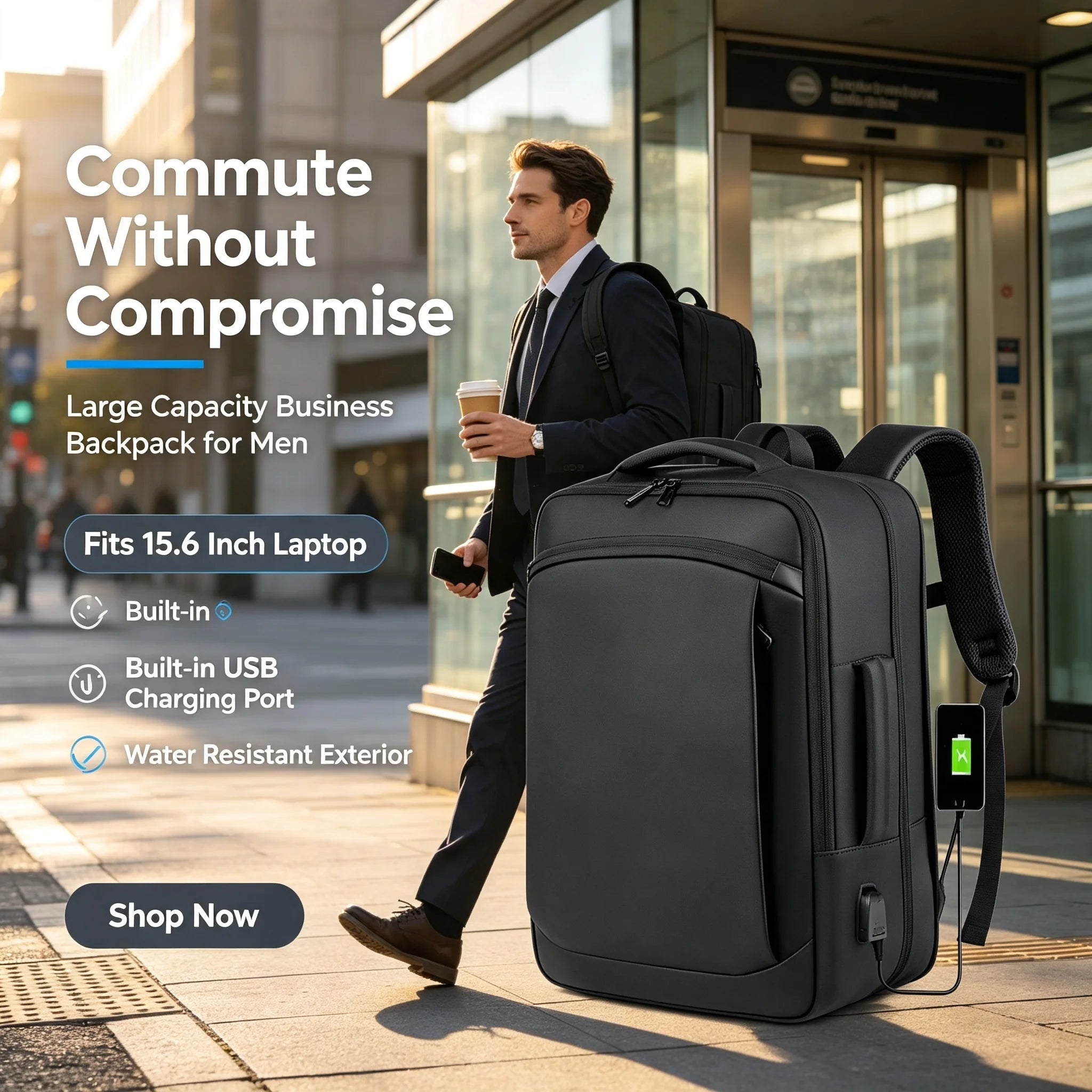 Expandable Men's Business Backpack with Multi-functional Layered Storage, Water-proof & Scratch-resistant Fabric, Separate Laptop Compartment, Convenient USB Charging Design, Perfect for Office Work, Short-distance Business T