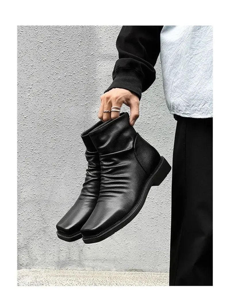 Hot-Selling Leather Boots for Men Fad Square Toe Drape Casual Chelsea Boot British High-end Cool High Top Men Boots Botas Hombre