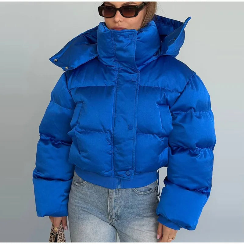 Winter Hooded Jacket Short Top Cropped Drawstring Waist Coat Woman Long Sleeve Warm Quilted Out Jackets Streetwear Lady Clothes