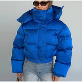 Winter Hooded Jacket Short Top Cropped Drawstring Waist Coat Woman Long Sleeve Warm Quilted Out Jackets Streetwear Lady Clothes