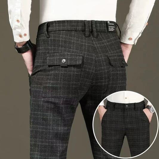 Fashion Black Grey Casual Trouses Mens Straight Fit Long Pants Striped Plaid Four Seasons High Quality Brand Business Trousers