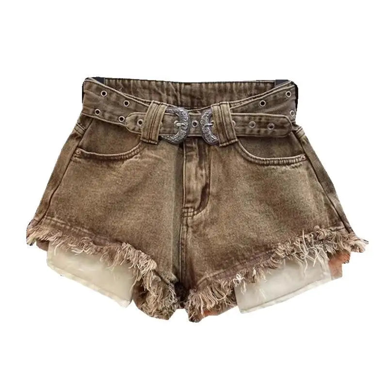 Rough Edge Sexy Denim Shorts 2026 Summer New Brown High Waist Hot Pants Jeans