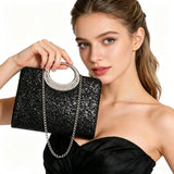 1Pc Black Glitter Rhinestone Top Handle Evening Clutch Bag, Women Sparkly Formal Handbag with Detachable Chain Strap, Elegant Purse for Wedding Party Prom Cocktail