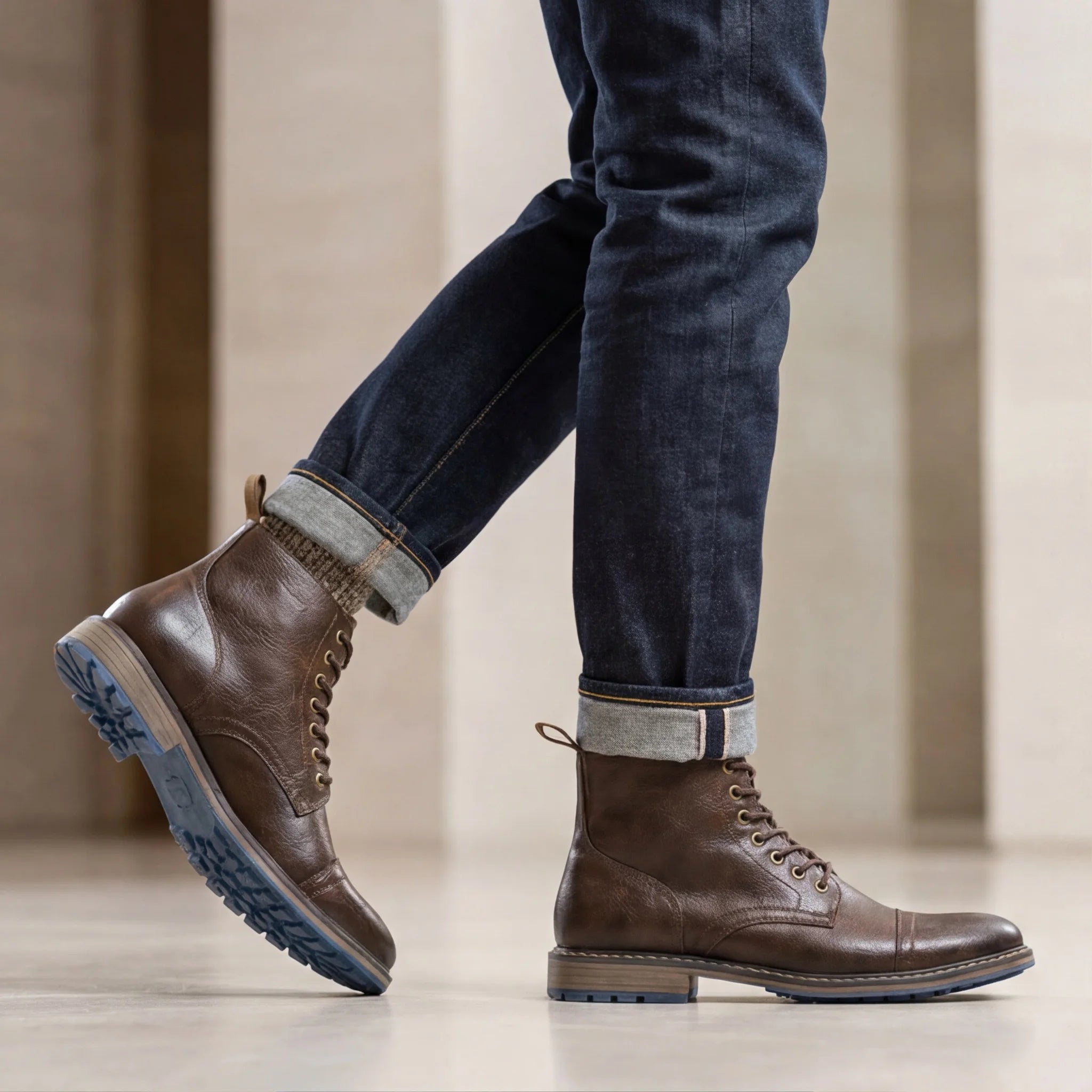 Men's Vintage Combat Boots Lace-Up Cap Toe Ankle Booties with Pull Tab Non-Slip Sole