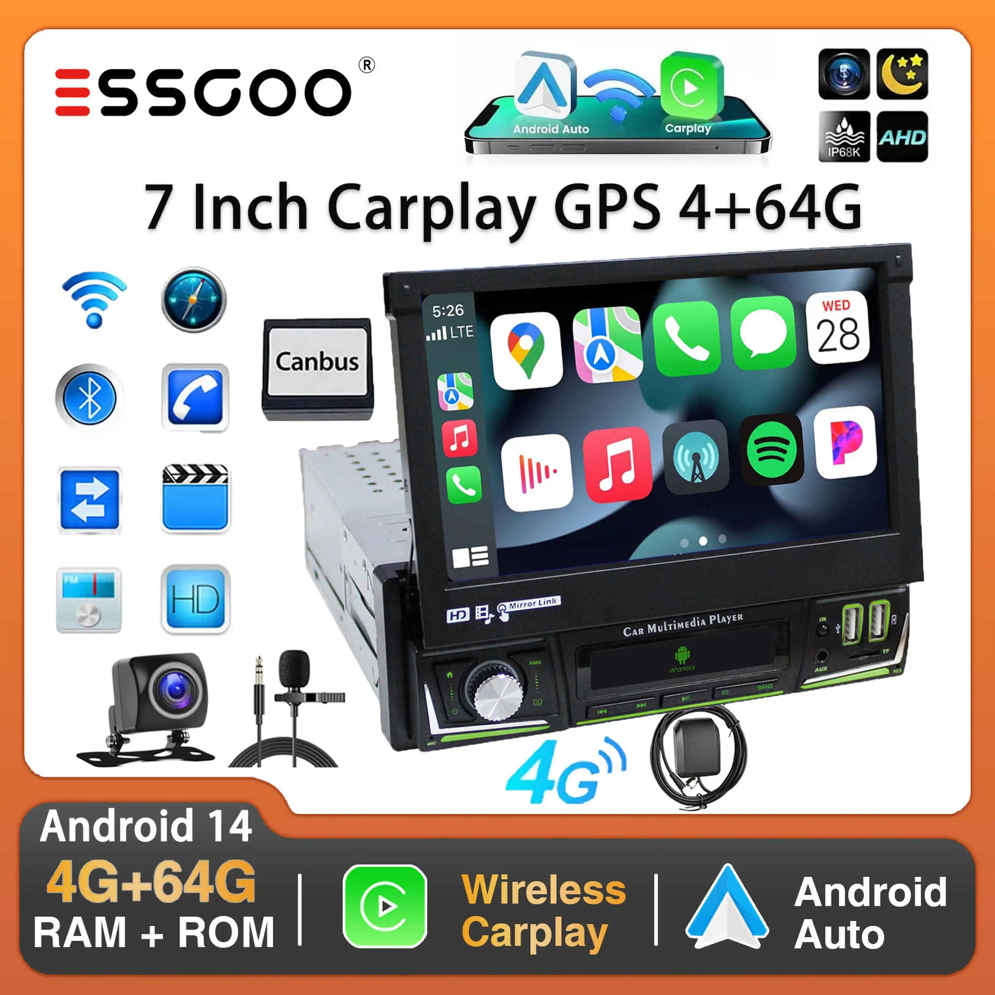 7Inch Single DIN 64G Flip Out Car Stereo Radio Carplay Android Auto Radio Bluetooth Touch Screen MP5 Player Head Unit GPS