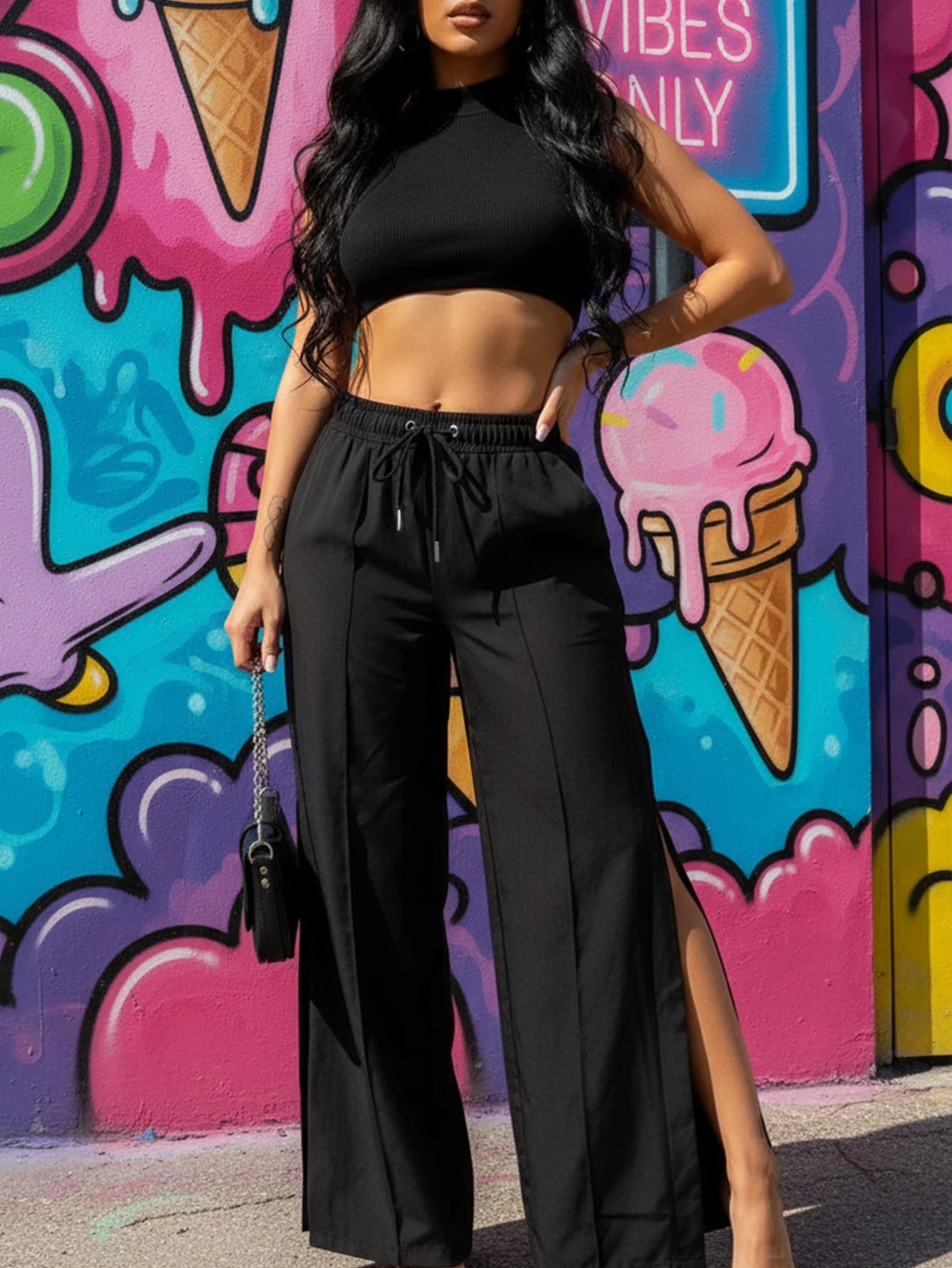 2-Piece Black High Neck Midriff Tank Smocked Waist Side Slit Wide Leg Pants Spice Girl Style Women Summer Date Wear